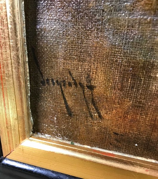 signiertes antikes Ölgemälde Personen Haus