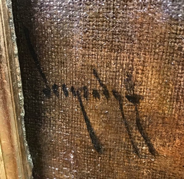 signiertes antikes Ölgemälde Personen Haus